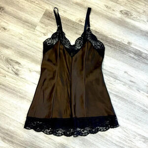 1970s Victoria’s Secret Bronze Satin Black Lace Chemise Rare San Francisco Label